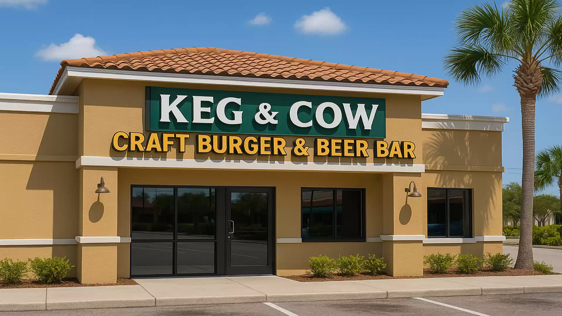 Exterior view of a restaurant called Keg & Cow with the sign Craft Burger & Beer Bar. The building has a beige facade and a red tiled roof.