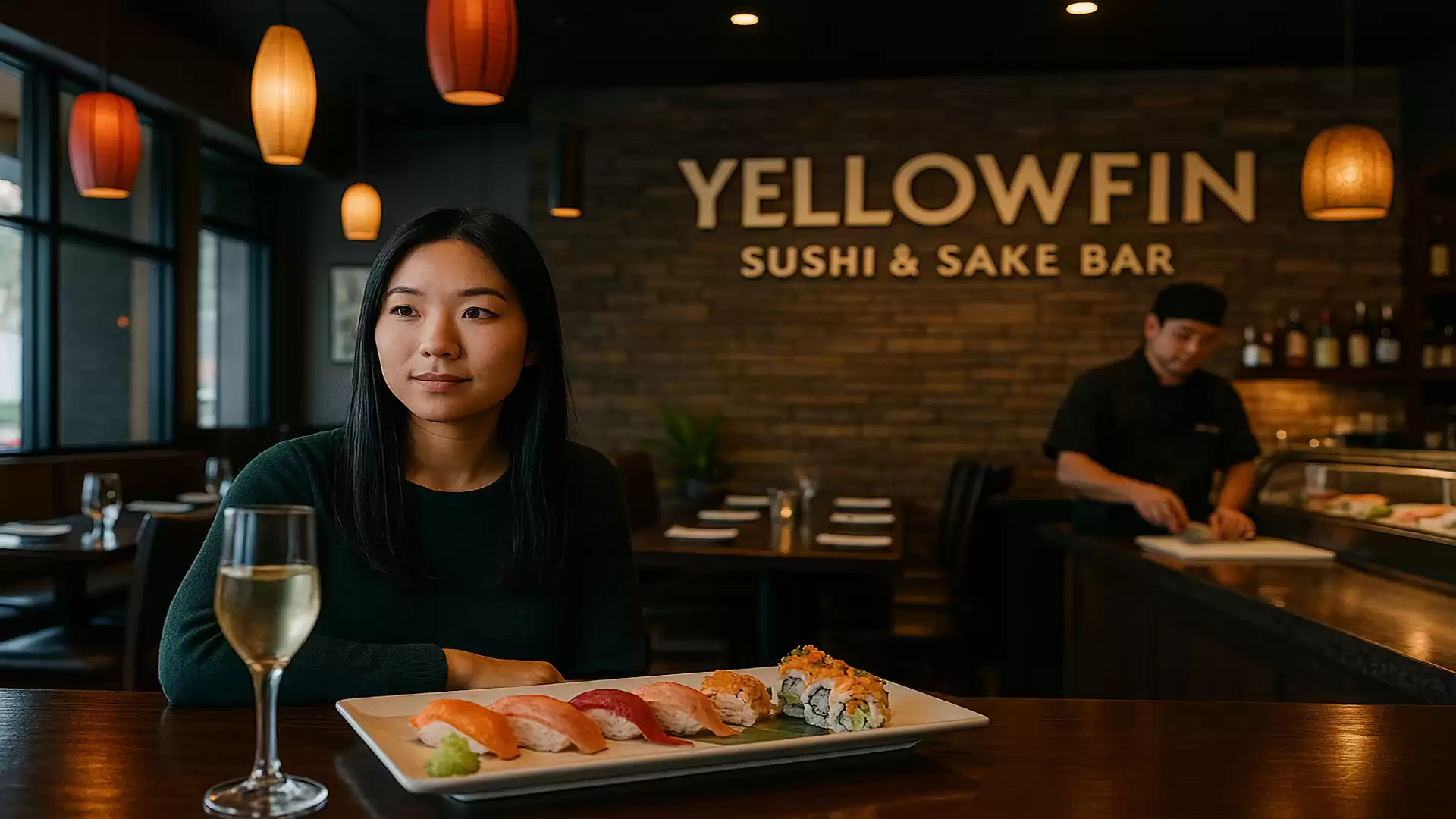 A woman sits in a modern sushi restaurant with a plate of sushi and a glass of wine in front of her. In the background, a chef is preparing sushi. The wall reads 'Yellowfin Sushi & Sake Bar'.
