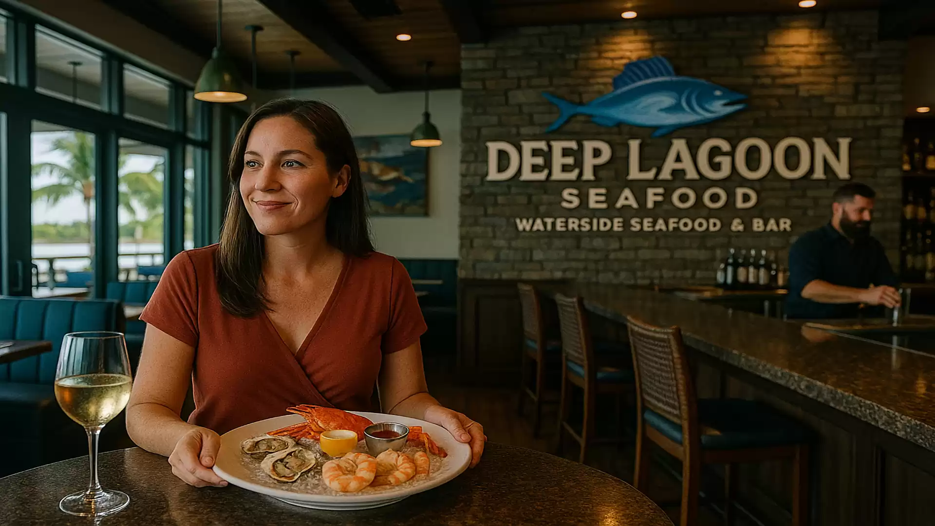 Woman in a restaurant with a seafood dish in front of a wall with Deep Lagoon Seafood logo.