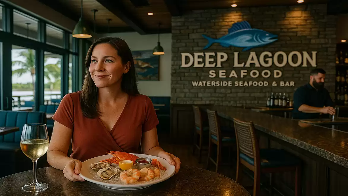 Woman in a restaurant with a seafood dish in front of a wall with Deep Lagoon Seafood logo.