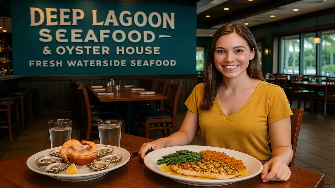 Woman in a restaurant enjoying a seafood dish with fish and vegetables. A sign in the background reads 'Deep Lagoon Seafood & Oyster House'.