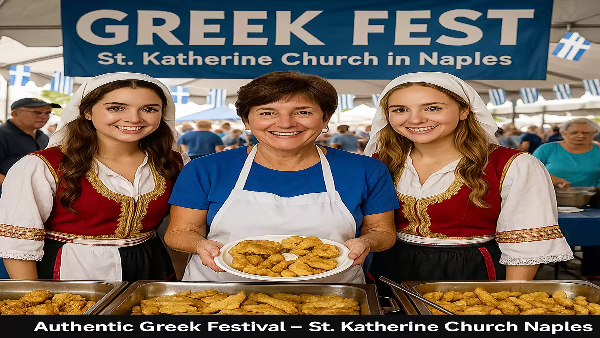 Women in traditional Greek attire presenting Greek food at a festival at St. Katherine Church in Naples.