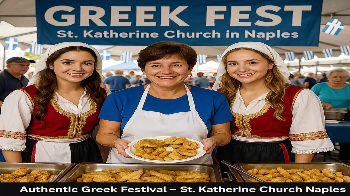 Women in traditional Greek attire presenting Greek food at a festival at St. Katherine Church in Naples.