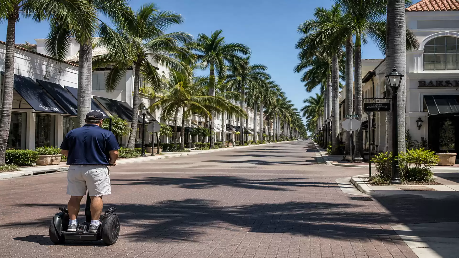 Man riding a Segway on a palm-lined avenue with shops.