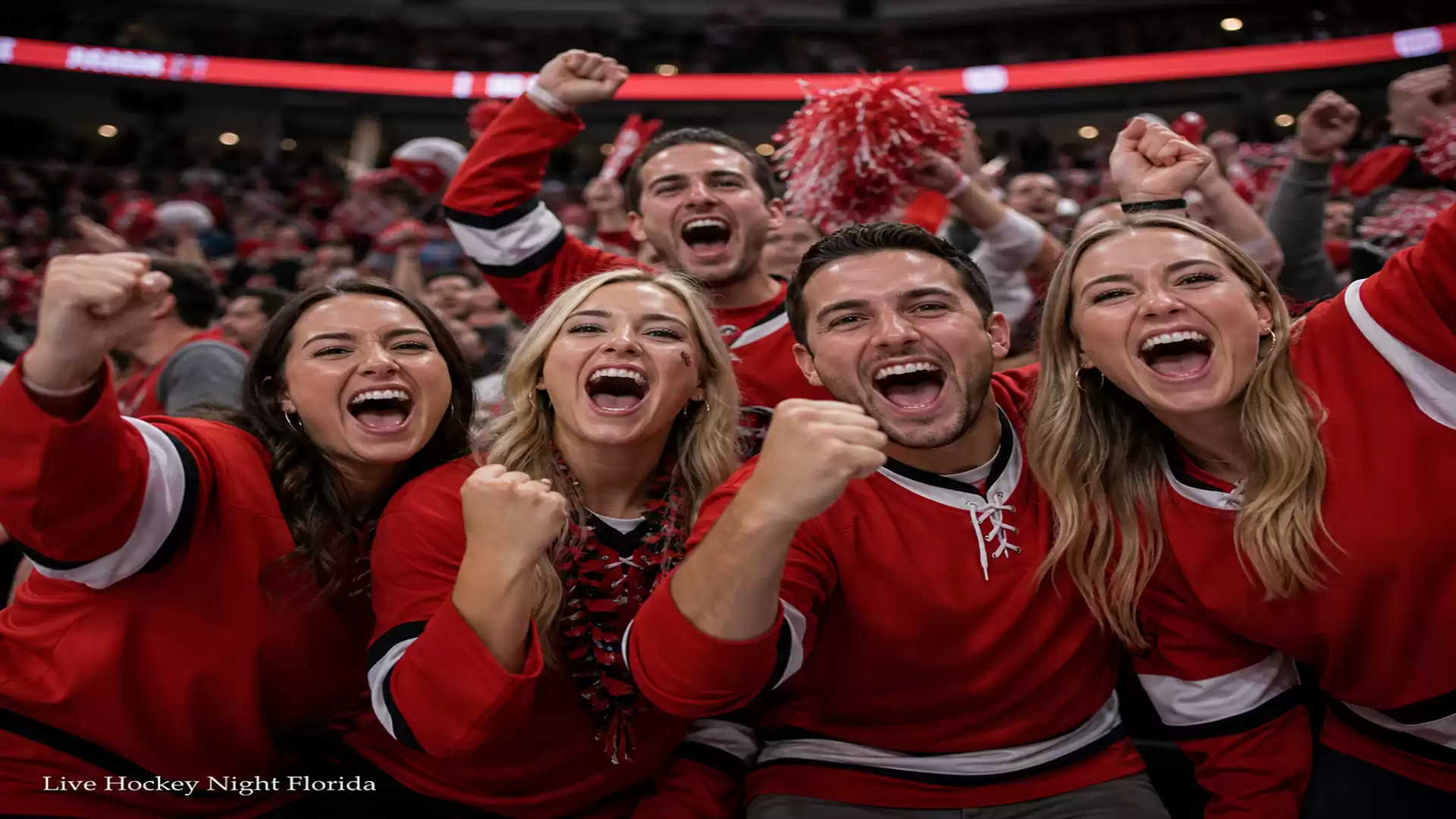 A group of five cheering hockey fans wearing red clothes celebrate during a game in an arena.