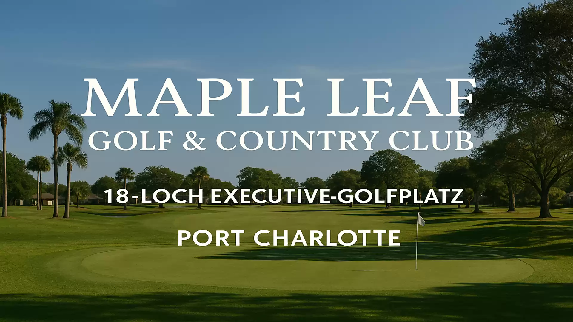 Image of the Maple Leaf Golf & Country Club with a green golf course area and trees in the background. The text displays the club's name and additional information about the 18-hole executive golf course in Port Charlotte.