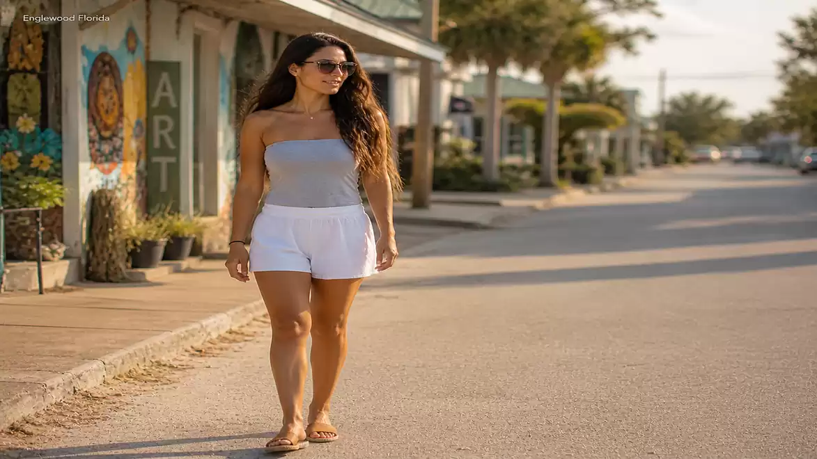 A woman walks in casual attire along a charming city street lined with shops and trees on a sunny day.
