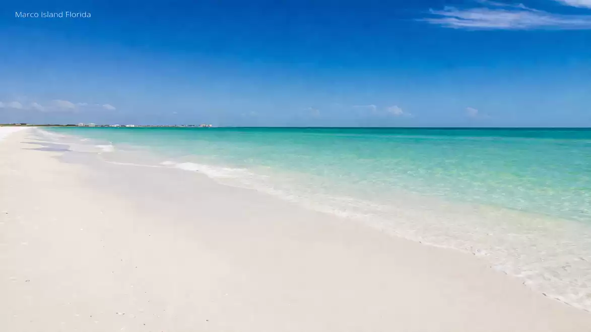 Beach with white sand and clear turquoise water under a blue sky on Marco Island, Florida.