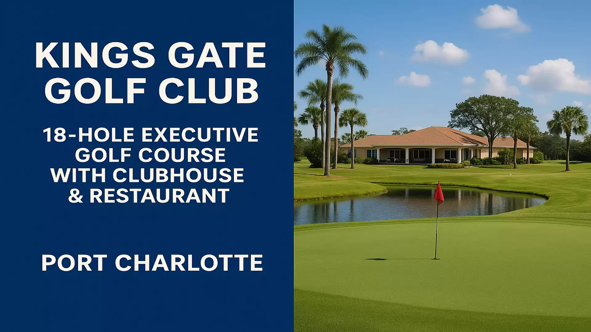 Kings Gate Golf Club in Port Charlotte: 18-hole executive golf course with clubhouse and restaurant, surrounded by palm trees and a calm pond with a flag on the green.