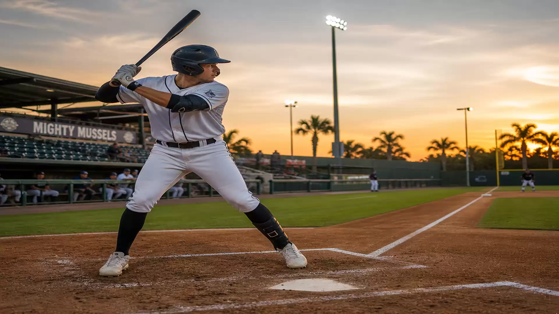 Baseball player in batting position at sunset on a baseball field.