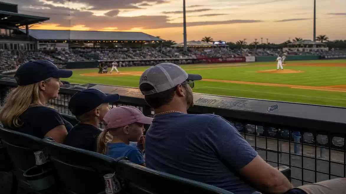 A family sitting in a baseball stadium at sunset, watching the game.