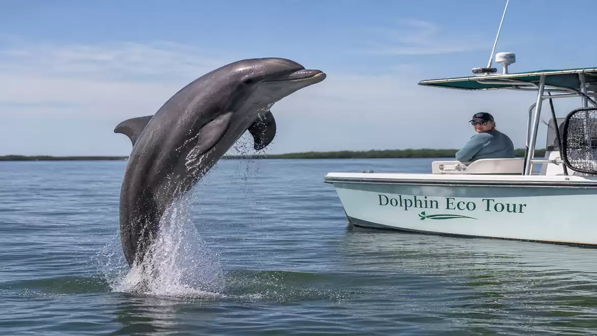 A dolphin jumps out of the water next to a boat with the sign 'Dolphin Eco Tour'.