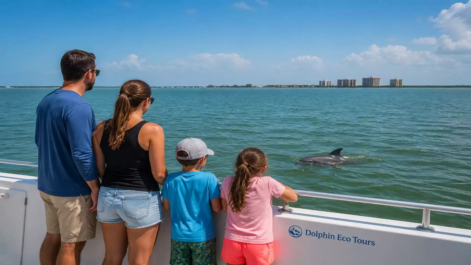A family watches a dolphin from a boat on a tour in a sunny coastal area.