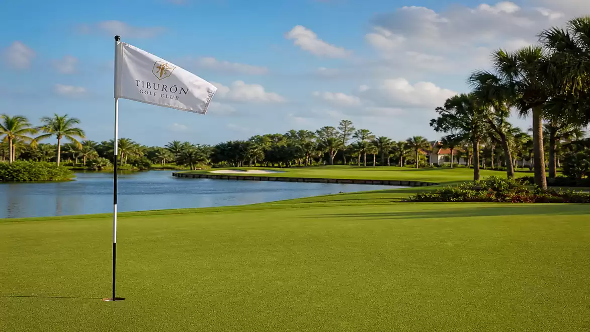 Golf course with flag in the foreground, lake view and palm trees in sunny weather.