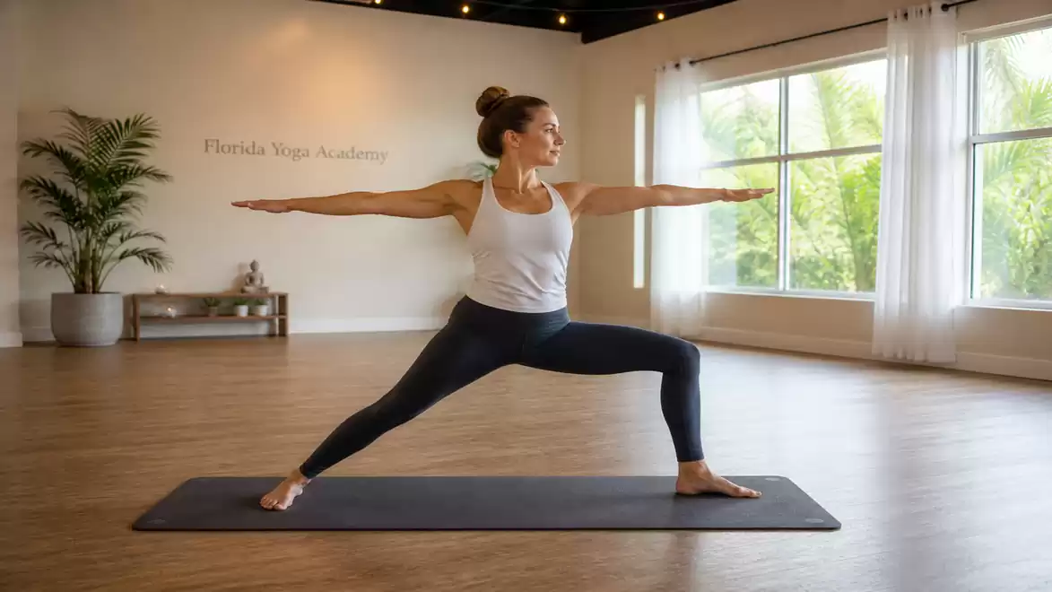 A woman practicing yoga in a bright room doing the warrior pose