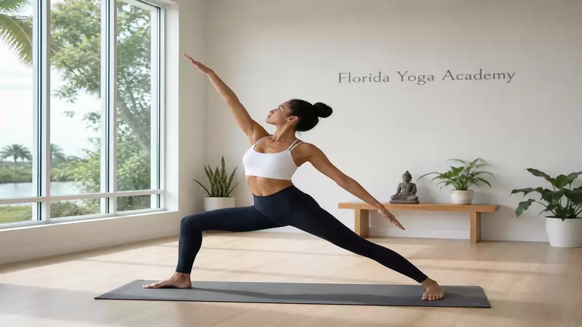 A woman performs a yoga pose in a bright room with plants and a Buddha statue. She is on a yoga mat in a warrior pose with arms extended.