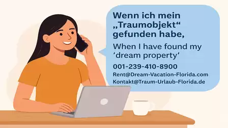 Illustration of a person on the phone with a laptop. Text includes contact information for a dream vacation in Florida.