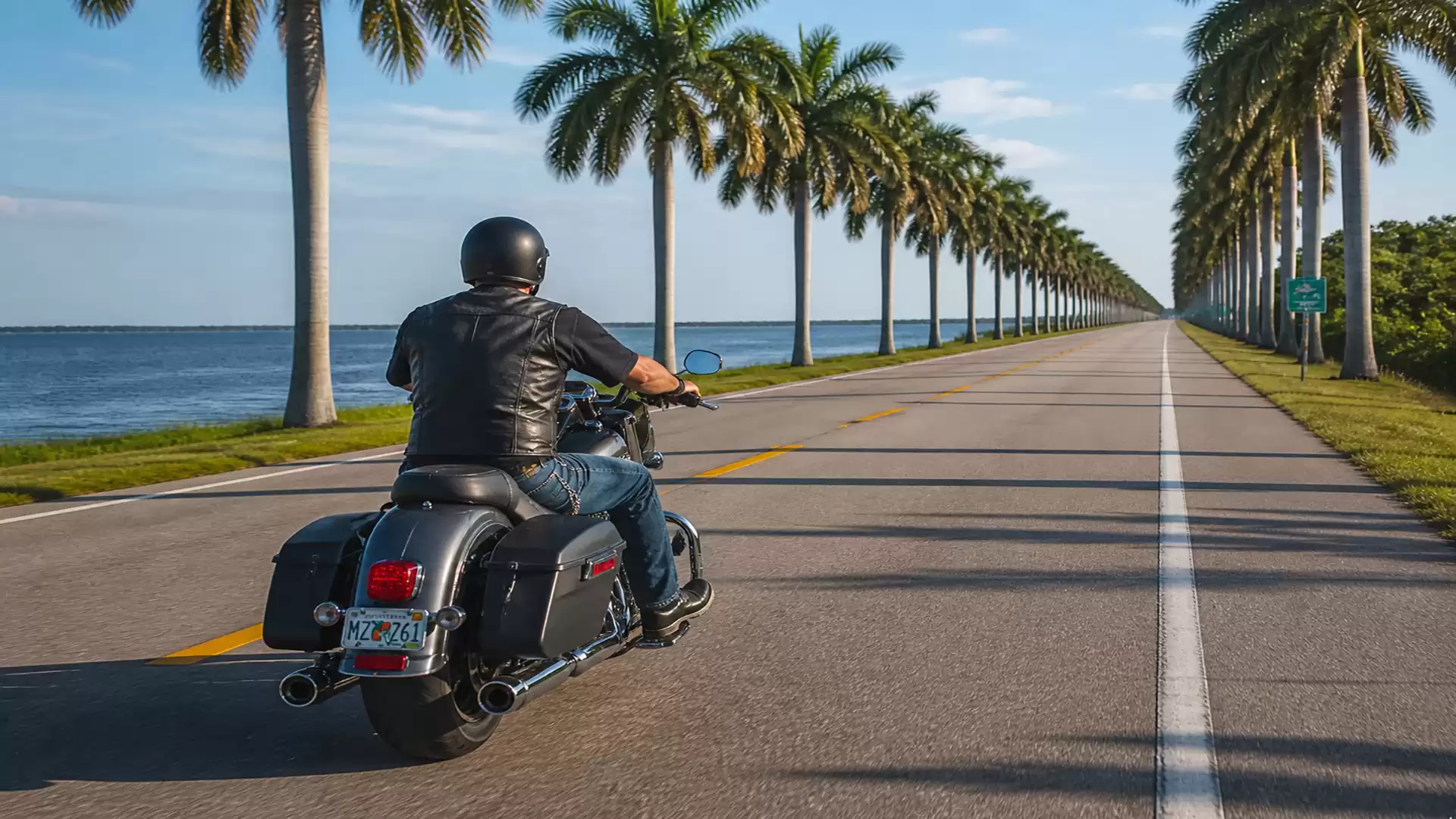 A motorcyclist rides down a road lined with palm trees, with a view of the ocean under a clear sky.