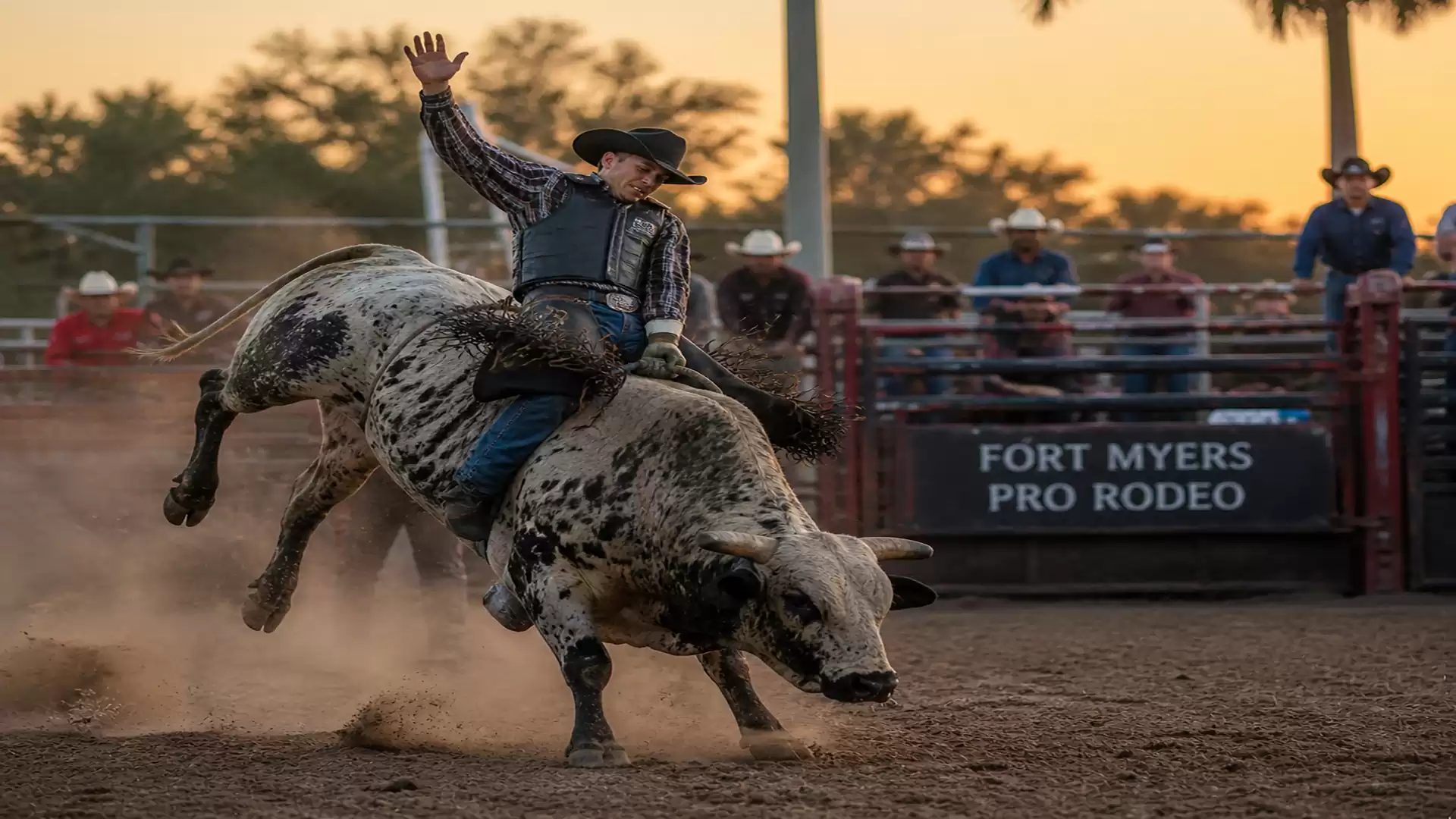 A rodeo rider balances on a bucking bull at sunset during the Fort Myers Pro Rodeo.