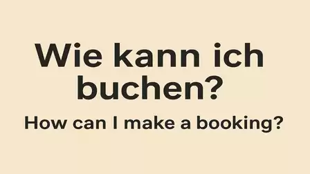 Beige image with the text 'Wie kann ich buchen?' and 'How can I make a booking?' in English.