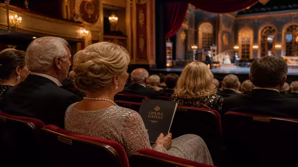 An elegant audience sits in a theater adorned with red velvet, watching a performance.