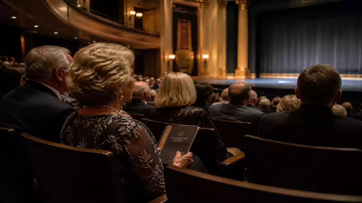 An elegant theater audience sits in a lavish hall eagerly awaiting the start of a performance in front of a closed curtain.