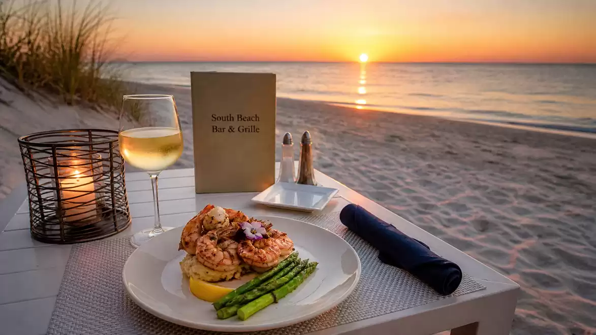 A beachside table at sunset, set with a glass of white wine and a plate of shrimp and asparagus.