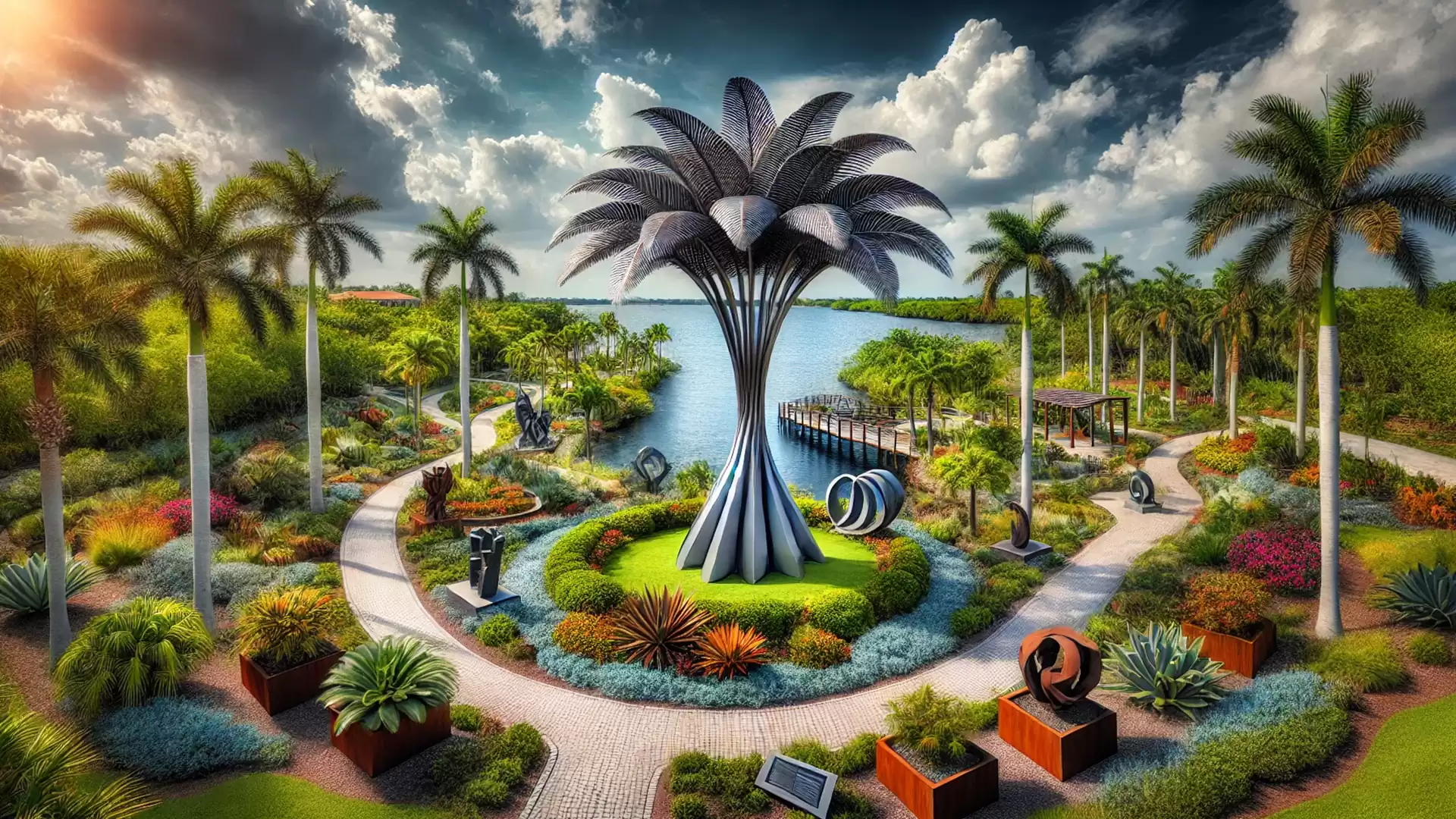A beautiful botanical garden featuring a large, sculptural tree in the center, surrounded by palm trees, colorful flowers, and a tranquil body of water in the background.