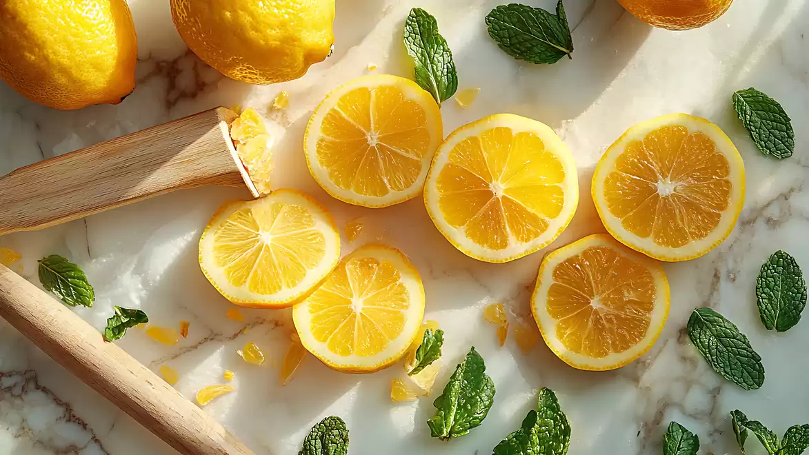 Fresh lemon slices on marble with green mint leaves, illuminated by sunlight.
