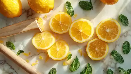 Fresh lemon slices on marble with green mint leaves, illuminated by sunlight.