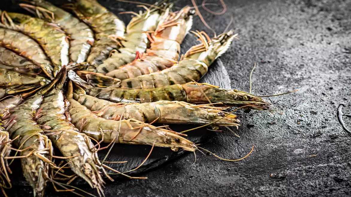 Fresh prawns arranged on a dark, rustic background, ready for cooking.