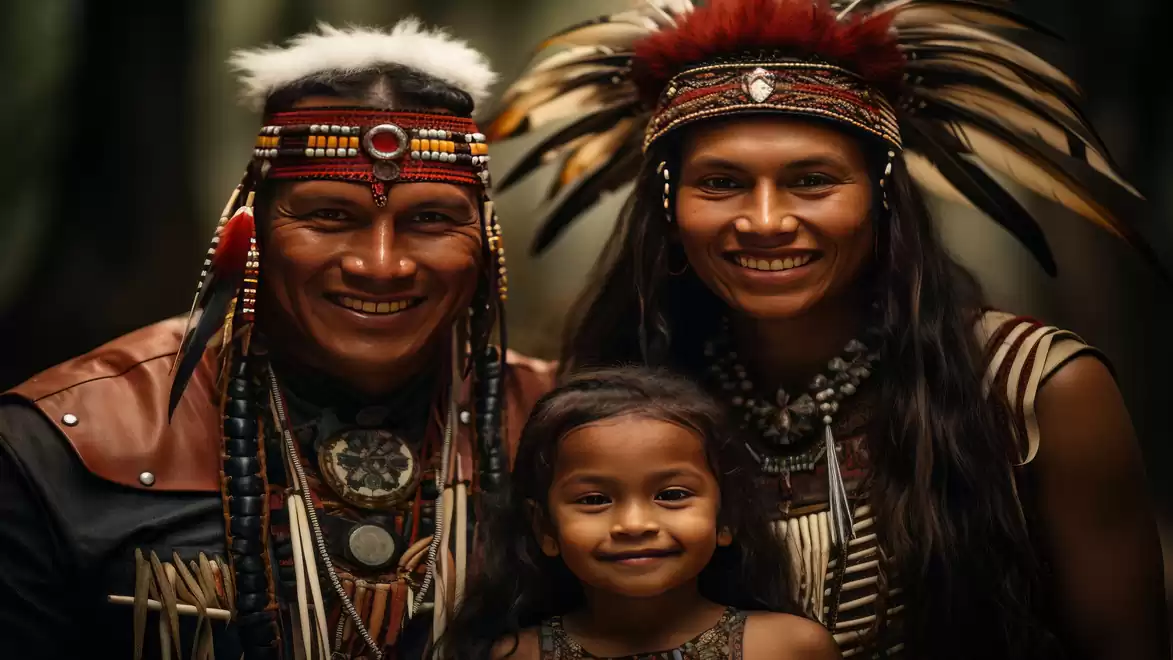 Two adults and a child in traditional indigenous clothing smiling at the camera.