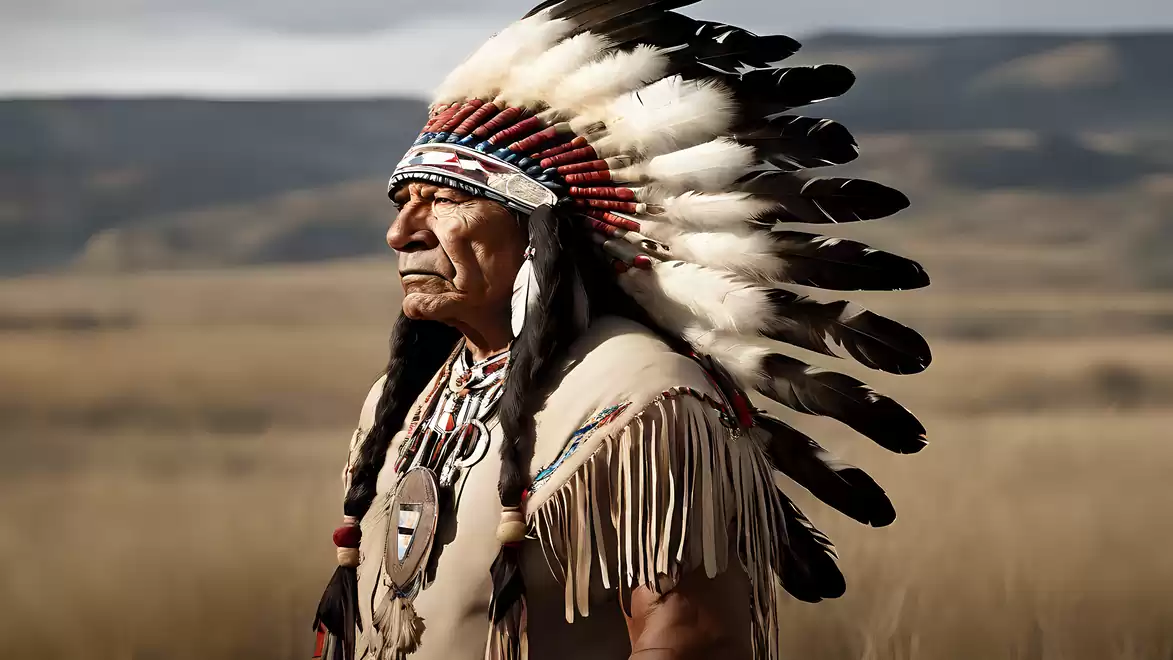 An Indigenous man in traditional attire stands in a vast landscape wearing a feather headdress.