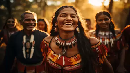 A group of smiling people in traditional outfits, surrounded by soft sunlight in a forest.