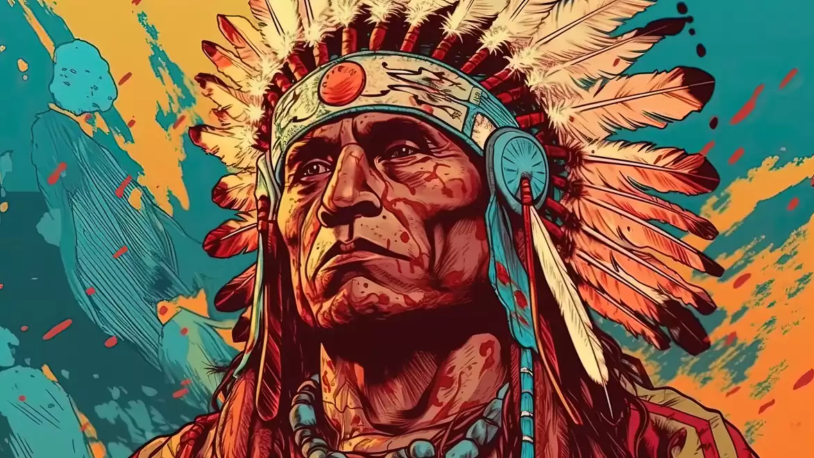 Illustration of a tribal chief wearing traditional feathered headgear against a colorful background.