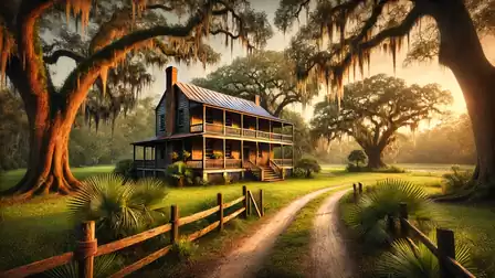 Historic country house at sunset, surrounded by moss-draped trees and a wooden fence.