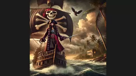 Illustration of a pirate on a ship with a skull sail in a tropical setting, surrounded by wild waves and palm trees.