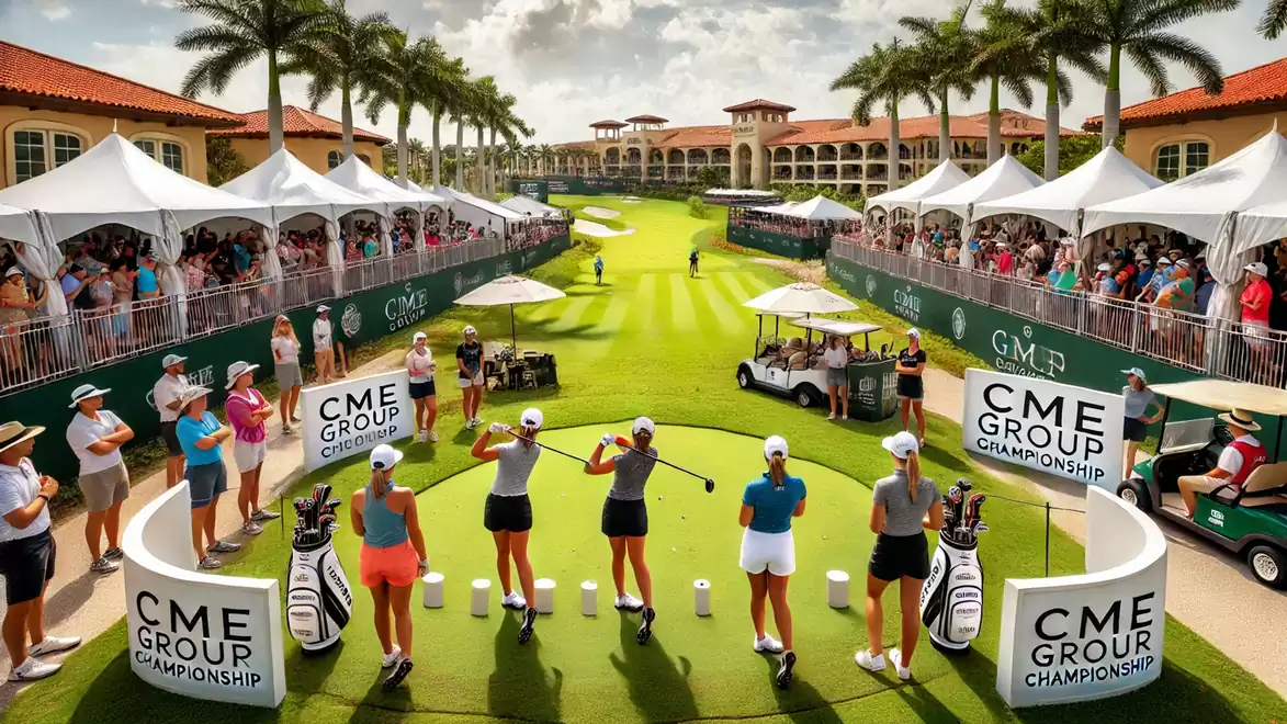 Golf tournament on a sunny day with spectators and palm trees: women teeing off