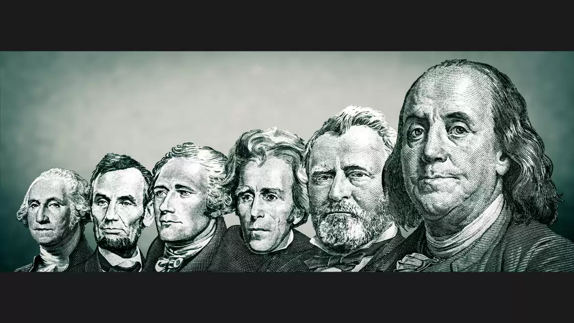 Portrait of six historical figures featured on American banknotes, including well-known presidents and founding fathers.