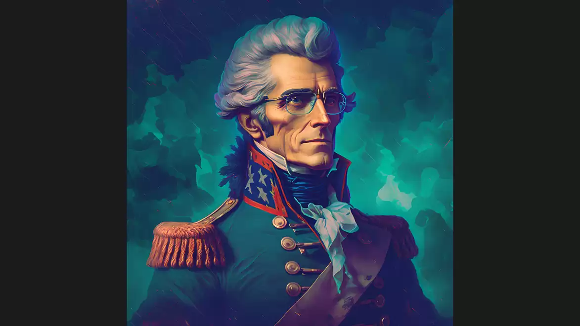A portrait of a man in a blue uniform with gold shoulder epaulettes and glasses, against a greenish background.