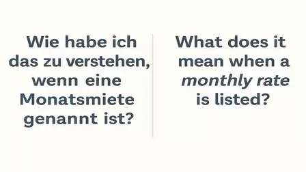 Image with the German text 'Wie habe ich das zu verstehen, wenn eine Monatsmiete genannt ist?' and the English text 'What does it mean when a monthly rate is listed?'.