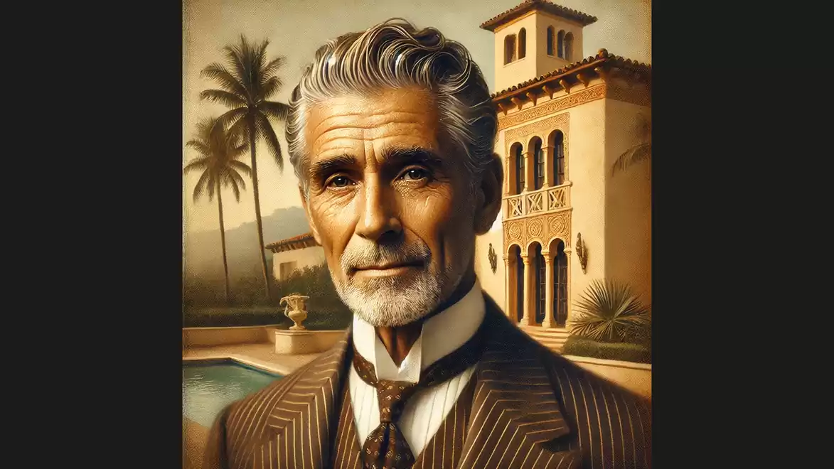 Elegant Addison Mizner with a beard in a pinstripe suit in front of a Mediterranean villa and palm trees.