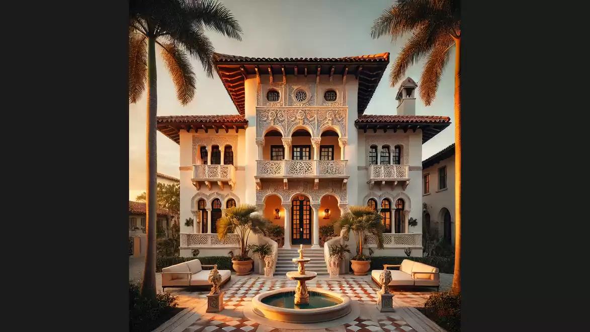 A magnificent Mediterranean mansion with ornate decorations, stylish balconies, and a fountain in the foreground, surrounded by palm trees.