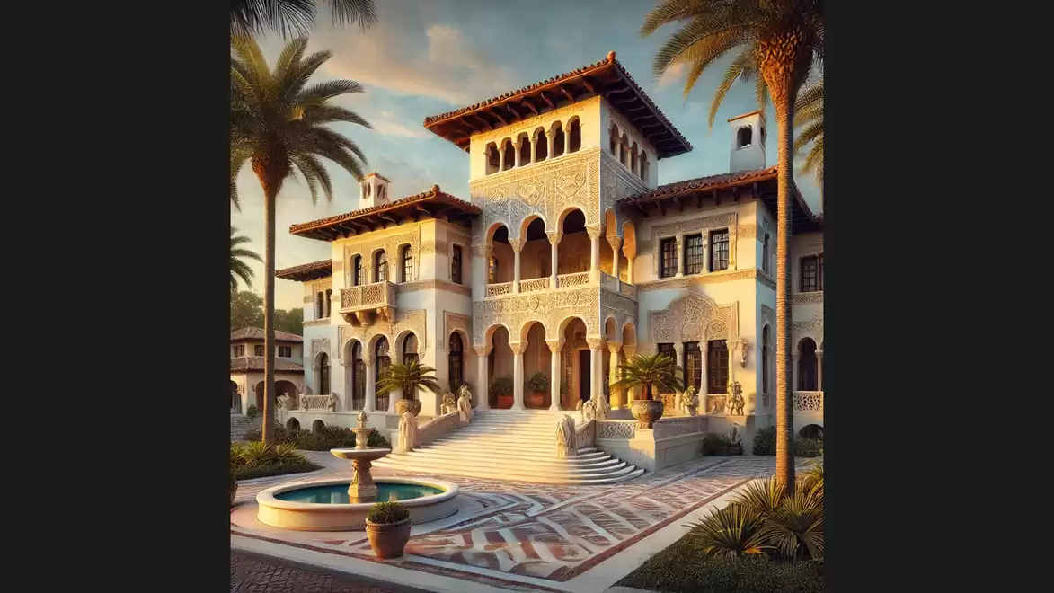 A magnificent Mediterranean-style villa with palm trees in the foreground and a stylish fountain, illuminated by the warm evening sun.