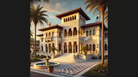 A magnificent Mediterranean-style villa with palm trees in the foreground and a stylish fountain, illuminated by the warm evening sun.