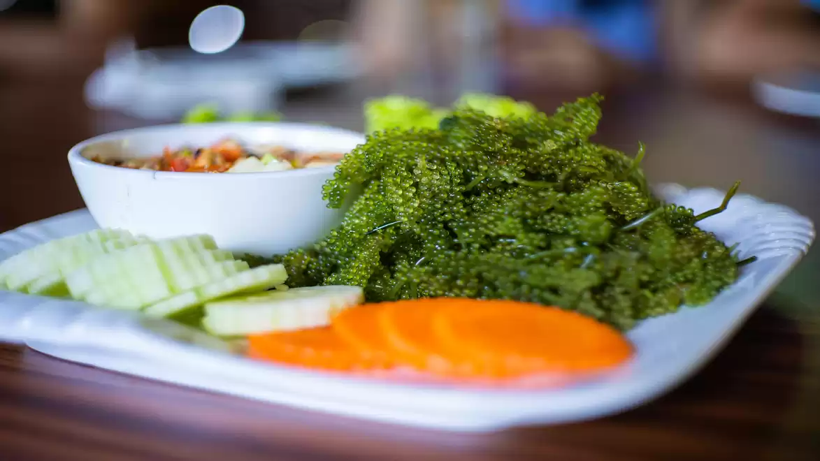 A plate with fresh seaweed, sliced cucumbers, and carrots, served with a bowl of sauce in the background.