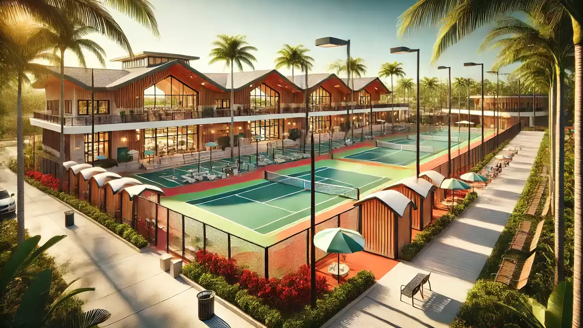 Tennis facility with several courts and a modern building in the background, surrounded by palm trees at sunset.