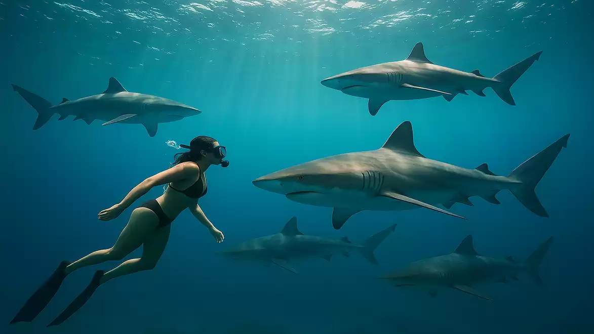 A diver swims underwater alongside a group of sharks in the ocean.