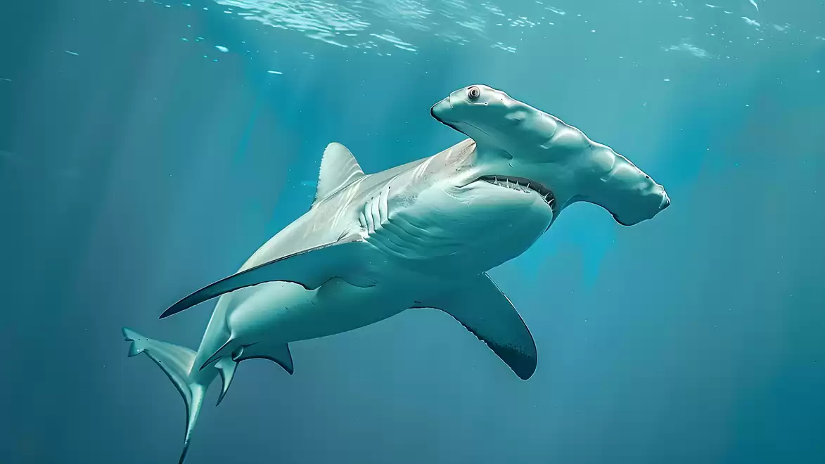 Hammerhead shark swimming in clear blue water, marine animals, ocean life.