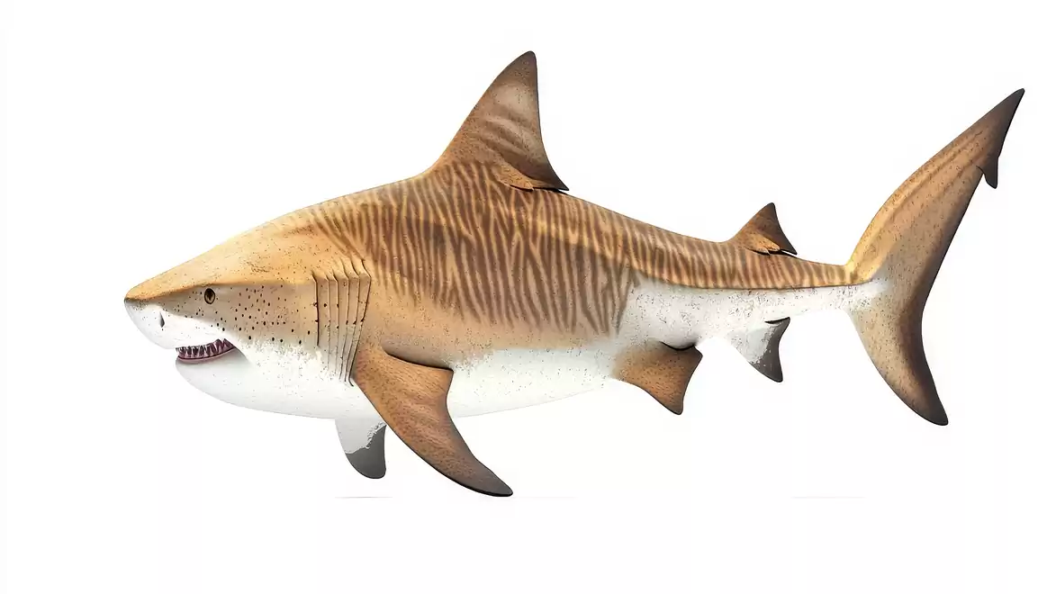Illustration of a tiger shark with detailed depiction of skin patterns.